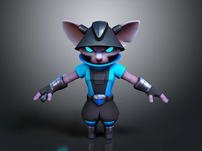 3D Feline Game Character With Large Ears Blue Eyes And Mechanical Warrior Armor 3d model