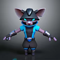3D Feline Game Character With Large Ears Blue Eyes And Mechanical Warrior Armor