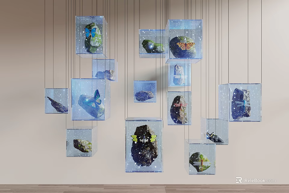Wall Hanging Transparent Cube Decorative Ornament Set With Butterflies Plants And Stones 3d model 