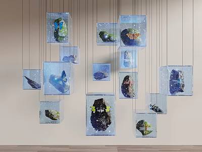 Wall Hanging Transparent Cube Decorative Ornament Set With Butterflies Plants And Stones 3d model