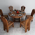 Elegant Round Wooden Dining Table Set With Matching Chairs And Tableware 3d model