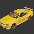 Shiny Yellow Two Door Sports Car with Rear Spoiler Golden Wheels and Stylish Decals