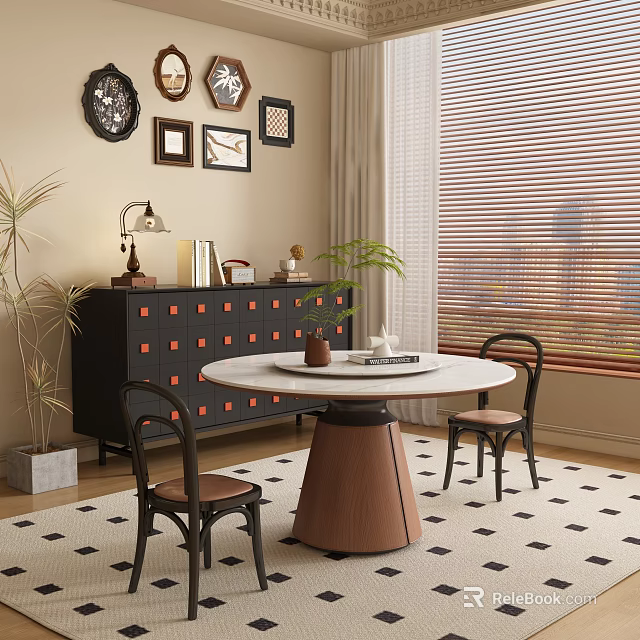 Elegant Modern Restaurant Interior With Marble Dining Table And Metal Chairs 3d model