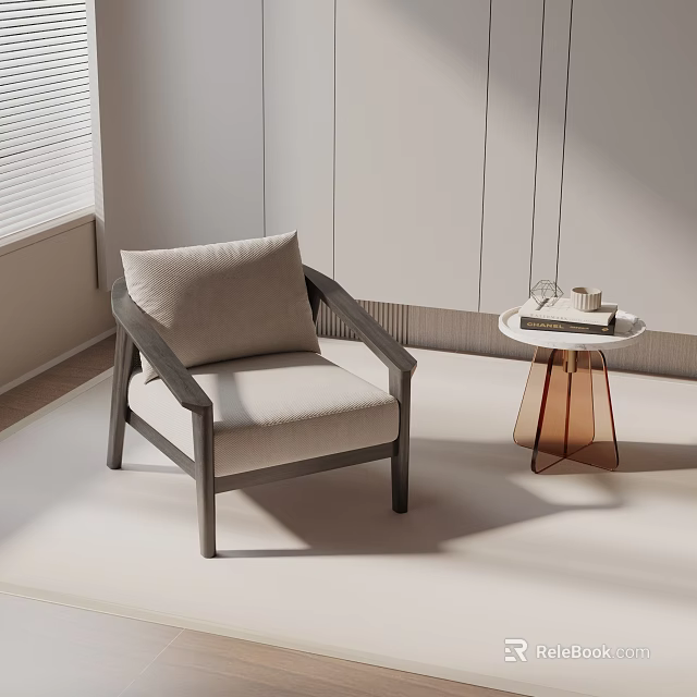Modern Leisure Chair With Beige Cushion Wooden Frame And Copper Side Table In Bright Room 3d model 