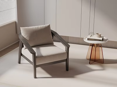 Modern Leisure Chair With Beige Cushion Wooden Frame And Copper Side Table In Bright Room 3d model