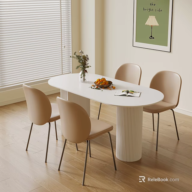 Modern Dining Room With Oval Table Beige Chairs Flowers Fruits Book And Blinds 3d model 