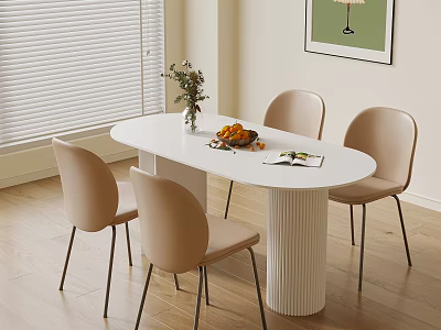 Modern Dining Room With Oval Table Beige Chairs Flowers Fruits Book And Blinds 3d model