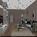 Modern Living And Dining Room Interior With Sofa Coffee Table TV Bookshelf And Chandelier