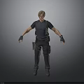 Man In Blue T-shirt With Backpack Tactical Belt Black Pants Wrist Guards On Gray Background