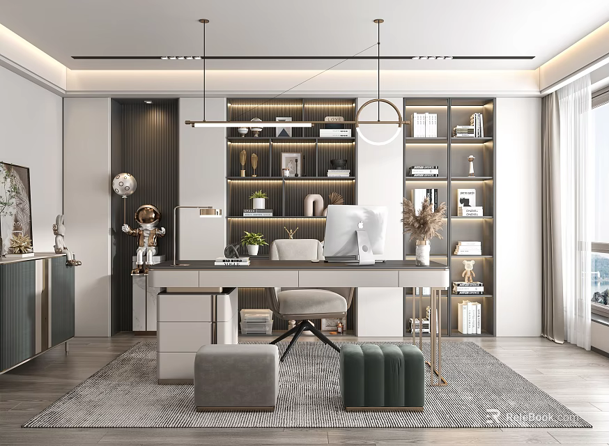 Modern Study Room Interior With Built in Bookshelves White Desk Computer Chair And Decorative Plants 3d model 