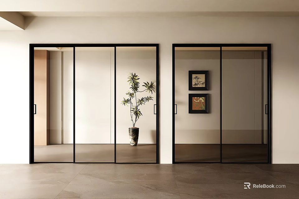 Modern Interior With Glass Sliding Doors Black Frames Decorative Paintings And Potted Plant 3d model 