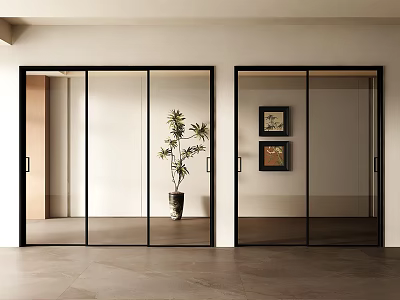 Modern Interior With Glass Sliding Doors Black Frames Decorative Paintings And Potted Plant 3d model