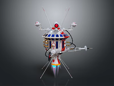 Detailed Rocket Model Design With Red White Blue Colors Antennas Thrusters And Support Legs 3d model