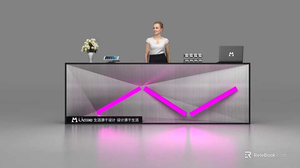 Modern Reception Desk With Geometric Patterns Pink Lighting And Staff Standing With Tablet Laptop 3d model 