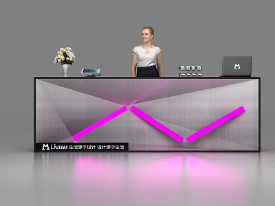 Modern Reception Desk With Geometric Patterns Pink Lighting And Staff Standing With Tablet Laptop 3d model