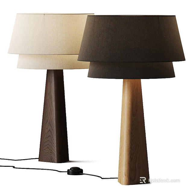 Two Modern Table Lamps with Light and Dark Fabric Shades and Wooden Conical Bases 3d model 