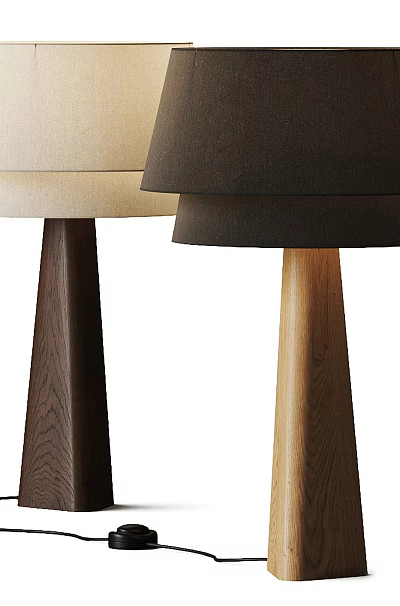 Two Modern Table Lamps with Light and Dark Fabric Shades and Wooden Conical Bases 3d model