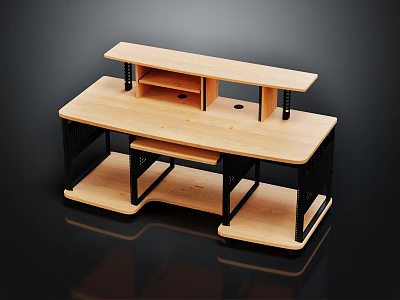 Modern Wooden Computer Desk With Metal Frame Upper Shelf And Keyboard Tray 3d model