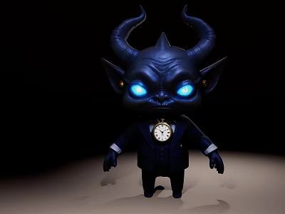 Dark Blue Horned Doll With Glowing Blue Eyes Wearing Suit And Pocket Watch 3d model