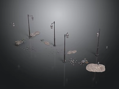 Outdoor Street Scene With Street Lamps Scattered Stone Slabs And Gravel 3d model