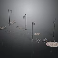 Outdoor Street Scene With Street Lamps Scattered Stone Slabs And Gravel
