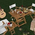 Outdoor Wooden Table and Chair Set With Candle Lanterns Guitar and Clay Pots on Grass