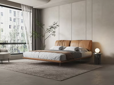Modern Minimalist Bedroom With Brown Leather Headboard White Bedding Green Plant And Gray Rug 3d model