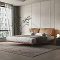 Modern Minimalist Bedroom With Brown Leather Headboard White Bedding Green Plant And Gray Rug