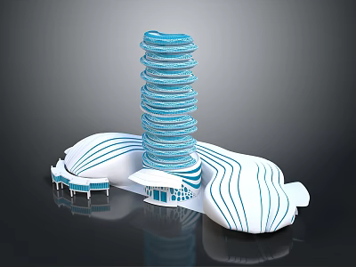 Cartoon Scene Featuring Spiral Blue Tower With White Wavy Base And Curved Platforms 3d model