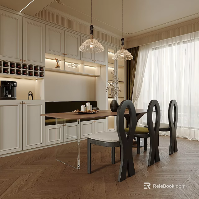 Elegant Modern Kitchen Interior With Dining Table Chairs White Cabinets And Pendant Lights 3d model