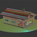 Modern Log Cabin with Black Roof Chimney Porch Tables Chairs and Green Lawn