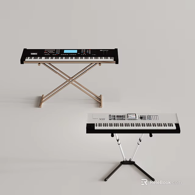 Black And White Electronic Keyboard Musical Instruments With Gold And Black Stands 3d model 