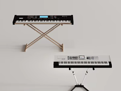 Black And White Electronic Keyboard Musical Instruments With Gold And Black Stands 3d model