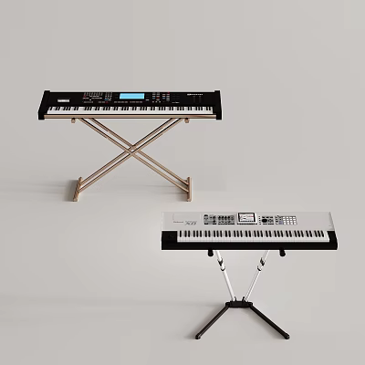 Black And White Electronic Keyboard Musical Instruments With Gold And Black Stands 3d model