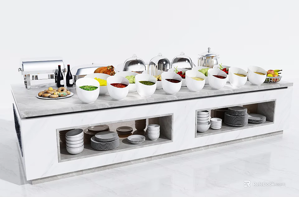 Buffet Table with Assorted Bowls Food Items Marble Top and Storage Shelves 3d model 