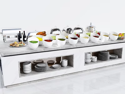 Buffet Table with Assorted Bowls Food Items Marble Top and Storage Shelves 3d model