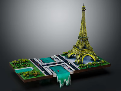 Eiffel Tower Model Scene With Scenic Water Pools Roads And Green Plants 3d model