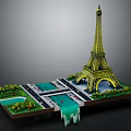 Eiffel Tower Model Scene With Scenic Water Pools Roads And Green Plants