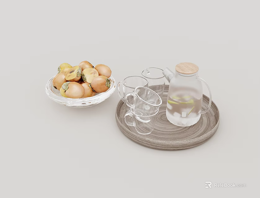 Decorative Ornament Set With White Basket Yellow Lemons Tray Glass Pitcher And Two Glass Cups 3d model 
