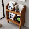 Modern Wooden Bookcase With Books Vinyl Records Photo Frame Near Leafy Plant And Window Blinds
