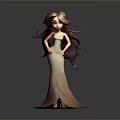 Cartoon Style Woman With Long Brown Curly Hair In Light Colored Dress Posing