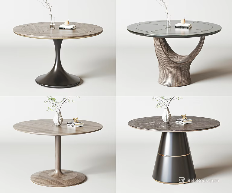 Elegant Modern Round Dining Tables With Unique Base Designs And Decorative Vase And Tableware 3d model 