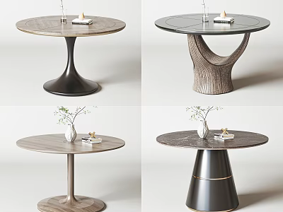 Elegant Modern Round Dining Tables With Unique Base Designs And Decorative Vase And Tableware 3d model