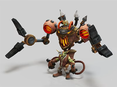Goblin Adventurer With Large Mechanical Creature 3D Model Glowing Orange Parts And Weapons 3d model