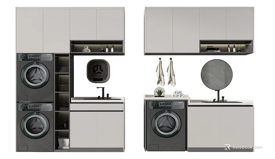 Modern Bathroom Cabinetry Interior With Washing Machine Mirror Towels And Storage Cabinets 3d model 
