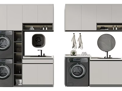 Modern Bathroom Cabinetry Interior With Washing Machine Mirror Towels And Storage Cabinets 3d model