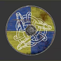 Vintage Norse Style Round Shield Weapon With Blue Yellow Sections And Dragon Motifs