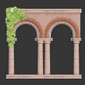 Stone Archway Structure With Three Arches Columns Green Vines And Blue Flowers