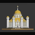 Cartoon Castle Scene With Yellow Dome White Towers Small Domes Arched Windows On Hexagonal Base
