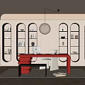 Modern study desk full wall bookcase chandelier 3d model